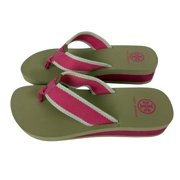 Tory Burch Wilhelm Pink Tan Wedge Flip Flops Platform Sandals Women's 8M - Picture 10 of 11